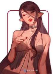  1girl absurdres arm_at_side babydoll black_babydoll black_collar black_hair breasts brown_eyes collar fangs hand_on_own_chest hand_up highres inhoso long_hair looking_at_viewer mole mole_under_eye navel one_eye_closed open_mouth original pointy_ears red_lips red_nails simple_background small_breasts solo spiked_collar spikes straight_hair upper_body white_background 
