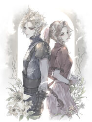  1boy 1girl aerith_gainsborough armor back-to-back bandaged_arm bandages bangle belt blonde_hair bracelet braid braided_ponytail breasts brown_belt brown_hair cloud_strife cropped_jacket dress earrings falling_feathers feathers final_fantasy final_fantasy_vii final_fantasy_vii_rebirth final_fantasy_vii_remake flower gloves hair_ribbon highres jacket jewelry lily_(flower) long_dress long_hair medium_breasts multiple_belts muted_color own_hands_together parted_bangs parted_lips pink_dress pink_ribbon red_jacket ribbon ryokuyuu short_hair short_sleeves shoulder_armor sidelocks single_braid single_earring single_shoulder_pad sleeveless sleeveless_turtleneck spiked_hair suspenders turtleneck wavy_hair yellow_flower 