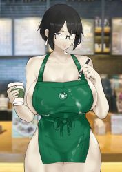 1girl absurdres apron bare_shoulders barista black_hair blurry blurry_background breasts cafe coffee_cup cup curvy dangle_earrings disposable_cup earrings glasses grace_(puzenketsu) green_apron grey_eyes highres holding holding_cup holding_marker iced_latte_with_breast_milk_(meme) jewelry large_breasts looking_at_viewer marker mature_female meme mole mole_under_mouth naked_apron original parted_bangs parted_lips puzenketsu ring short_hair standing thick_thighs thighs rating:Questionable score:180 user:danbooru