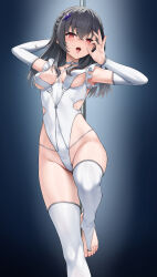  1girl absurdres black_hair blush breasts character_request commission copyright_request covered_navel detached_sleeves fellatio_gesture henria highres leotard long_hair medium_breasts open_mouth pole red_eyes skeb_commission solo standing standing_on_one_leg stripper_pole teeth thighhighs toes tongue tongue_out white_leotard white_sleeves white_thighhighs 