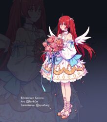  1girl alternate_costume bare_shoulders blush bouquet bridesmaid character_name closed_mouth commentary commission detached_sleeves dress english_commentary faithom fake_wings fire_emblem fire_emblem_awakening flower hair_between_eyes hair_flower hair_ornament holding holding_bouquet long_hair nintendo petals red_eyes red_flower red_hair red_rose rose severa_(fire_emblem) smile solo twintails twitter_username very_long_hair white_dress white_flower white_wings wings 