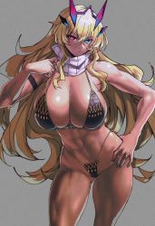 1girl bikini blonde_hair blue_eyes breasts cowboy_shot crown barghest_(fate) fate/grand_order fate_(series) grey_background heterochromia highres huge_breasts iwamoto_eiri long_hair looking_at_viewer muscular muscular_male red_eyes scarf simple_background solo swimsuit very_long_hair  rating:Questionable score:80 user:SlamJam35