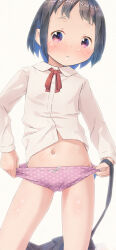  1girl black_hair black_skirt blue_hair blush bow bow_panties brown_background clothes_pull collared_shirt commentary_request dress_shirt forehead lifted_by_self loli looking_at_viewer multicolored_hair navel neck_ribbon original panties panty_lift parted_lips pink_panties pleated_skirt polka_dot polka_dot_panties pu-en purple_eyes red_ribbon ribbon shirt short_hair simple_background skirt skirt_pull solo suspender_skirt suspenders two-tone_hair underwear white_shirt 