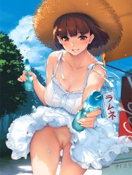  1girl artist_name awning banner blue_sky blunt_bangs blush bob_cut bottle bow bow_panties breasts brown_eyes brown_hair cleavage cleft_of_venus clothes_lift cloud collarbone dress dress_lift female_focus gluteal_fold grin hat holding holding_bottle large_breasts leaf leaning_forward lips looking_at_viewer no_bra nobori offering_drink original outdoors outstretched_arm panties pantyshot pink_panties pussy ramune sasaoka_gungu short_hair sky sleeveless sleeveless_dress smile solo spaghetti_strap spilling standing straw_hat sun_hat sundress sweat thigh_gap thighs third-party_edit tree uncensored underwear watermark white_dress wind wind_lift  rating:Explicit score:115 user:naminamii