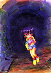  1girl arms_behind_back bag camisole clothes_lift female_focus highres hoshino_fuuta loli panties purple_hair shirt_lift shoes smile socks solo tank_top tunnel twintails unbuttoned underwear  rating:Questionable score:28 user:danbooru