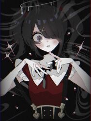  1girl ame-chan_(needy_girl_overdose) black_background black_hair black_ribbon commentary_request constricted_pupils grey_eyes hair_ornament hair_over_one_eye halo hands_up long_hair looking_at_viewer melting_halo neck_ribbon needy_girl_overdose open_mouth pill red_shirt ribbon ringed_eyes shirt solo sparkle strap_slip suspenders tabun_ningen twintails upper_body white_halo x_hair_ornament 