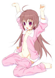  1girl :o ahoge arms_up barefoot blush brown_hair clothes_pull feet flat_chest full_body loli long_hair meito_(maze) navel no_panties open_clothes open_shirt original pajamas pajamas_pull pants pants_pull purple_eyes shirt solo stretching undressing waking_up  rating:Questionable score:27 user:danbooru