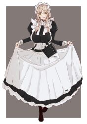  1girl :d ade_(nikke) apron belt_pouch black_footwear blonde_hair border bow bowtie braid breasts full_body glasses goddess_of_victory:_nikke green_eyes highres juliet_sleeves karita large_breasts light_blush long_sleeves looking_at_viewer maid maid_headdress open_mouth pouch puffy_sleeves skirt_hold smile solo teeth upper_teeth_only white_apron white_border white_bow white_bowtie 