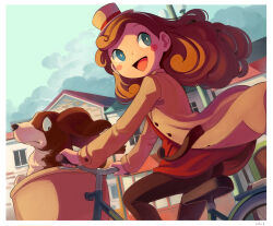 1girl :d absurdres bicycle bicycle_basket blue_eyes blush_stickers bright_pupils brown_fur brown_pants cloud cloudy_sky coat cropped_legs curly_hair dog happy hat highres house in_basket katrielle_layton long_hair looking_at_hands looking_to_the_side mini_hat mini_top_hat open_mouth pants pole professor_layton riding riding_bicycle sherl_(professor_layton) sho.t sky smile solo top_hat translation_request two-tone_fur white_fur white_pupils worried yellow_coat yellow_hat