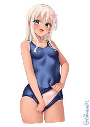  1girl blonde_hair blue_eyes blue_one-piece_swimsuit blush breasts clothes_pull collarbone commentary commentary_request covered_navel cowboy_shot cropped_legs ebifurya flower hair_between_eyes hair_flower hair_ornament highres kantai_collection long_hair looking_at_viewer one-piece_swimsuit one-piece_swimsuit_pull open_mouth ro-500_(kancolle) school_swimsuit small_breasts smile solo swimsuit tan tanline twitter_username white_background  rating:Questionable score:38 user:danbooru