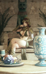  1girl 3d armor bench blue_eyes breasts brown_hair chalice crossed_legs cup greaves highres kingdom_under_fire large_breasts long_hair midriff original plate primrose_egypt ryanreos sitting solo statue vase 
