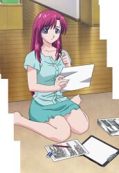 1girl absurdres casual female_focus highres holding_glasses homework kazami_mizuho long_hair on_floor onegai_teacher paperwork reading red_hair sitting solo stitched third-party_edit wariza