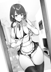 1girl apron bare_shoulders bikini bikini_pull bikini_under_clothes blurry blurry_background blush breasts cellphone cleavage closed_mouth clothes_pull cowboy_shot depth_of_field detached_collar elbow_gloves female_pov frilled_apron frilled_gloves frills gentsuki gloves greyscale groin hair_tie highres holding holding_phone indoors long_hair looking_at_viewer low_twintails medium_breasts micro_bikini microskirt mirror monochrome original phone pov pulling reflection selfie skindentation skirt smartphone smile solo suspender_skirt suspenders swimsuit taking_picture thighhighs twintails underboob upskirt waist_apron wide_hips rating:Questionable score:49 user:danbooru