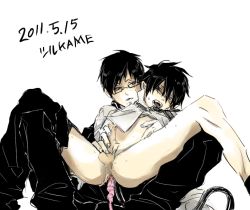 anal anal_object_insertion ao_no_exorcist black_hair black_jacket brother brothers clothes_lift cum dildo glasses handjob incest jacket male_focus male_penetrated object_insertion okumura_rin okumura_yukio on_lap penis pointy_ears school sex_toy shirt_lift siblings spread_legs tail turukameha uncensored undressing yaoi