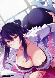 10s 1girl absurdres ass black_bra blouse blue_hair bra breasts cleavage glasses hair_bun highres lace lace-trimmed_bra lace_trim large_breasts long_sleeves miniskirt mole mole_on_breast omega_2-d pencil_skirt red_eyes senran_kagura shirt sidelocks single_hair_bun skirt solo rin_(senran_kagura) top-down_bottom-up underwear rating:Questionable score:92 user:danbooru