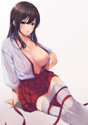 10s 1girl aiiyu akagi_(kancolle) breasts breasts_out brown_eyes brown_hair gradient_background grey_background highres inverted_nipples kantai_collection large_breasts long_hair looking_at_viewer miniskirt nipples parted_lips skirt solo sweat thighhighs thighs white_thighhighs rating:Questionable score:28 user:danbooru