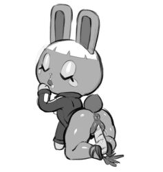  1girl all_fours animal_crossing animal_nose anus ass blunt_bangs blush_stickers bonbon_(animal_crossing) bottomless carrot chibi closed_eyes drooling female_focus flat_chest food_dildo full_body furry furry_female greyscale hand_to_own_mouth hand_up jacket legs long_sleeves looking_back monochrome nintendo object_insertion open_mouth pussy rabbit_ears rabbit_girl rabbit_tail rockthebull saliva shiny_skin shoes short_hair simple_background sketch solo teeth thighs track_jacket u_u uncensored vaginal vaginal_object_insertion white_background 