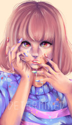  1girl brown_hair eyelashes fingernails frisk_(undertale) heart highres lips long_fingernails looking_at_viewer makeup messy multicolored_eyes nail_polish nose paint parted_lips short_hair simple_background solo sweater teeth undertale upper_body  rating:Sensitive score:17 user:lickylicky