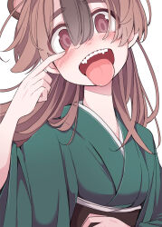  1girl animal_ears breasts brown_hair character_request commentary_request eyes_visible_through_hair green_kimono hair_between_eyes highres japanese_clothes kimono long_hair medium_breasts open_mouth purple_eyes solo tansuke teeth tongue tongue_out uchi_no_shisho_wa_shippo_ga_nai upper_body upper_teeth_only wide_sleeves 