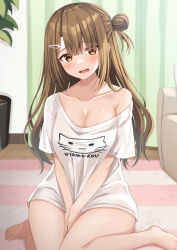 1girl barefoot between_legs breasts brown_hair cleavage clothes_writing commentary_request curtains hair_bun hair_ornament hairclip hand_between_legs head_tilt highres indoors komori_kuzuyu long_hair medium_breasts off_shoulder one_side_up open_mouth original plant potted_plant red_eyes romaji_text shirt side_bun single_hair_bun single_side_bun sitting solo very_long_hair wariza wavy_mouth white_shirt wooden_floor rating:Sensitive score:18 user:danbooru