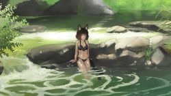 1girl against_object against_rock animal_ears arm_support arms_at_sides bikini black_bikini breasts brown_eyes brown_hair cat_ear_bikini cat_ears cat_girl cat_tail closed_mouth dappled_sunlight day forest front-tie_bikini_top front-tie_top grass leaf leaning looking_at_viewer medium_breasts nature navel original outdoors paintrfiend river rock short_hair side-tie_bikini_bottom smile solo standing sunlight swimsuit tail wading water waterfall rating:Sensitive score:19 user:danbooru