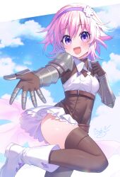  1girl binato_lulu black_gloves black_thighhighs blue_sky blush boots choujigen_game_neptune cloud cosplay djeeta_(granblue_fantasy) djeeta_(granblue_fantasy)_(cosplay) gloves granblue_fantasy hair_between_eyes hairband happy highres light_particles looking_at_viewer mixed-language_commentary neptune_(neptunia) neptune_(series) open_mouth pink_hair purple_eyes purple_hairband reaching reaching_towards_viewer rebelwear_(granblue_fantasy) short_hair signature skirt sky solo standing standing_on_one_leg thighhighs white_skirt 