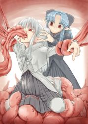  00s 2girls bdsm blue_hair bondage bound bow clothed_sex dress flat_chest hair_bow highres katatuki len_(tsukihime) loli melty_blood multiple_girls oral pointy_ears red_eyes tentacle_sex tentacles thighhighs tsukihime white_hair white_len_(tsukihime) 