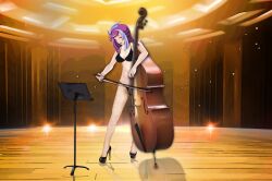  1girl absurdres auditorium black_bra bow_(music) bra breasts double_bass emma_bessho high_heels highres instrument large_breasts medium_breasts music_stand panties underwear yu-gi-oh! yu-gi-oh!_vrains  rating:Sensitive score:0 user:1O7