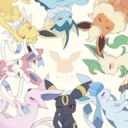 animal_focus blonde_hair blue_hair blush bow closed_eyes closed_mouth colored_sclera creatures_(company) espeon eyelashes fins flareon game_freak gen_1_pokemon gen_2_pokemon gen_4_pokemon gen_6_pokemon glaceon jolteon leafeon markings nintendo no_humans open_mouth pokemon pokemon_(creature) purple_hair red_eyes red_sclera ribbon sidelocks smile sylveon umbreon vaporeon yr0471_0