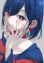  1girl bangs blue_eyes blue_hair braid closed_mouth collarbone commentary_request earrings eyelashes fingernails gradient_hair grey_background hair_between_eyes hand_on_own_cheek hand_on_own_face hands_up highres jacket jewelry kamitsubaki_studio kawai_rou lips long_sleeves looking_at_viewer multicolored multicolored_eyes multicolored_hair portrait red_jacket rime short_hair simple_background smile solo virtual_youtuber 