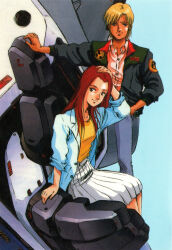  1980s_(style) 1990s_(style) 1boy 1girl alternate_universe bernard_wiseman blonde_hair carrying christina_mackenzie commentary couple cropped earth_federation english_commentary good_end gundam gundam_0080 gundam_alex highres jacket long_hair looking_at_viewer machinery mecha mechanical_hands mikimoto_haruhiko mobile_suit oldschool promotional_art red_hair retro_artstyle robot scan science_fiction single_mechanical_hand sitting skirt zeon 