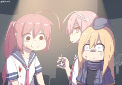  10s 4girls ahoge blonde_hair blood check_commentary cigarette commentary_request i-168_(kancolle) i-58_(kancolle) kantai_collection long_hair multiple_girls pink_hair ponytail silver_bell_(artist) u-511_(kancolle) wide-eyed yukikaze_(kancolle)  rating:Sensitive score:7 user:danbooru