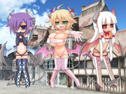 3girls alexi_(tits!) bare_shoulders blonde_hair breasts cleavage demon_girl female_focus flat_chest green_eyes horns huge_breasts rami_(mon-musu_quest!) loli long_hair midriff mon-musu_quest! multiple_girls oppai_loli pink_eyes purple_eyes purple_hair remi_(mon-musu_quest!) rumi_(mon-musu_quest!) short_hair standing thighhighs white_hair rating:Questionable score:72 user:dshark