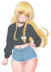  0002koko 1girl absurdres alternate_costume arm_at_side black_choker black_sweater blonde_hair blush bow braid casual choker collarbone commentary_request curvy denim denim_shorts eyelashes eyes_visible_through_hair floating_hair grin hair_between_eyes hair_bow hand_on_own_hip highres kirisame_marisa lips long_hair long_sleeves looking_at_viewer navel no_headwear shorts signature simple_background single_braid smile solo straight_hair sweater thighs touhou very_long_hair white_background white_bow yellow_eyes 