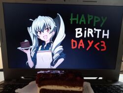  1girl 2d_dating anchovy_(girls_und_panzer) breasts cake cake_slice computer drill_hair food girls_und_panzer green_hair happy_birthday holding holding_plate laptop plate red_eyes self-upload small_breasts twin_drills 