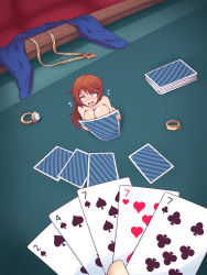  1girl :o absurdres angry blue_dress blush breasts card cleavage covering_privates dress embarrassed from_above frustrated highres ink_(inksgirls) jewelry large_breasts long_hair looking_at_viewer looking_up mini_person minigirl necklace nude nude_cover open_mouth original poker_table pov ring shrinking strip_game strip_poker table unworn_jewelry yellow_eyes  rating:Questionable score:36 user:danbooru