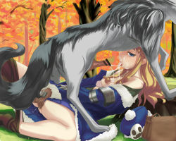  1girl atlus autumn bad_id bad_pixiv_id bestiality blonde_hair blue_eyes bra bra_pull censored clothes_pull cum cum_in_mouth ejaculation etrian_odyssey facial fellatio forest gloves gunner_(sekaiju) hat kemokemo_gdgd lingerie nature oral outdoors penis pet_(sekaiju) pussy_juice spread_legs tongue underwear wolf  rating:Explicit score:156 user:danbooru