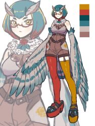  1girl animal_feet apacchi_(vampire64) asymmetrical_legwear bare_shoulders blue_feathers blue_hair breasts brown_shorts clogs feather_hair feathered_wings feathers garter_straps grey_feathers harpy high-waist_shorts highres looking_at_viewer medium_breasts mismatched_legwear monster_girl multicolored_hair original owl_girl pantyhose red-framed_eyewear red_hair red_pantyhose semi-rimless_eyewear shirt short_hair shorts single_leg_pantyhose single_thighhigh sleeveless sleeveless_shirt talons thighhighs two-tone_hair two-tone_wings winged_arms wings yellow_eyes yellow_thighhighs zoom_layer 
