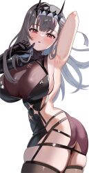  1girl arm_behind_head armpits ass black_dress black_gloves black_thighhighs blush breasts cleavage detached_sleeves diadem dress finger_to_mouth from_side gloves goddess_of_victory:_nikke grey_hair hijikata_toshizou_(mibu_makoto) large_breasts long_hair looking_at_viewer marian_(nikke) modernia_(nikke) modernia_(second_affection)_(nikke) red_eyes see-through see-through_cleavage skindentation solo thighhighs thighs 
