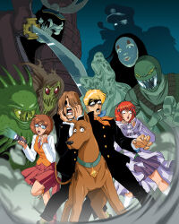  2boys 2girls 6+others blonde_hair brown_hair commentary daphne_ann_blake dhutchison dog english_commentary fred_jones ghost glasses long_hair multiple_boys multiple_girls multiple_others purple_skirt red_hair red_skirt scared school_uniform scooby-doo scooby-doo_(character) shaggy_rogers short_hair skirt velma_dace_dinkley 