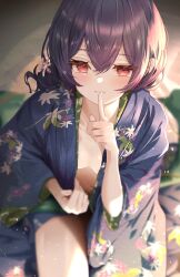  1girl absurdres bed blurry blurry_background blush breasts closed_mouth collarbone commentary_request finger_to_mouth hair_between_eyes hair_ornament highres idolmaster idolmaster_shiny_colors japanese_clothes kimono looking_at_viewer medium_hair morino_rinze navel red_eyes sky_cappuccino small_breasts undressing yukata  rating:Sensitive score:22 user:danbooru