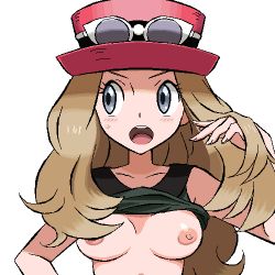 1girl bare_shoulders blonde_hair blush breasts breasts_apart clothes_lift creatures_(company) game_freak gomatarou_(pixiv196136) grey_eyes hat jaggy_lines long_hair looking_to_the_side lowres medium_breasts nintendo nipples no_bra oekaki open_mouth pokemon pokemon_xy red_hat serena_(pokemon) shirt_lift simple_background solo sun_hat sunglasses sweatdrop upper_body white_background rating:Questionable score:169 user:danbooru