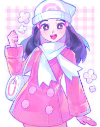  1girl :d bag beanie black_hair bright_pupils buttons clenched_hand coat commentary_request creatures_(company) dawn_(pokemon) duffel_bag flower_(symbol) game_freak hair_ornament hairclip hand_up happy hat highres iro_(mywife_sunny) long_hair long_sleeves looking_at_viewer nintendo open_mouth pink_coat plaid plaid_background pokemon pokemon_dppt pokemon_platinum scarf sidelocks smile solo teeth upper_teeth_only white_bag white_hat white_pupils white_scarf 