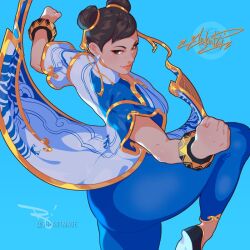  1girl artist_name back black_footwear black_hair blue_background blue_dress blue_leggings blush bracelet breasts brown_eyes bun_cover capcom china_dress chinese_clothes chun-li clenched_hands closed_mouth commentary double_bun dress earrings english_commentary fighting_stance fingernails full_body gold gold_trim hair_bun jewelry large_breasts leg_up leggings looking_at_viewer medium_breasts open_mouth outstretched_arms pelvic_curtain puffy_short_sleeves puffy_sleeves sash shiny_clothes shoes short_hair short_sleeves side_slit signature simple_background smile solo street_fighter the_art_mage 