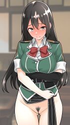  1girl belt black_belt black_gloves black_hair blurry blurry_background blush breasts brown_eyes chikuma_(kancolle) cleft_of_venus closed_mouth cowboy_shot elbow_gloves female_pubic_hair furaggu_(frag_0416) gloves gluteal_fold green_jacket groin highres jacket kantai_collection large_breasts long_hair looking_at_viewer navel no_panties pubic_hair pussy short_sleeves single_elbow_glove solo 