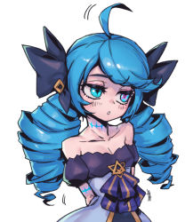 1girl ahoge arms_behind_back bare_shoulders black_bow black_dress bow breasts collarbone dress drill_hair grey_background grey_dress gwen_(league_of_legends) hair_bow league_of_legends long_hair neck_tattoo phantom_ix_row simple_background small_breasts solo tattoo twin_drills twintails rating:Sensitive score:18 user:danbooru