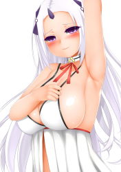 1girl arm_up armpits bad_id bad_pixiv_id blush breasts closers highres huge_breasts levia_(closers) long_hair looking_at_viewer mapar purple_eyes sideboob simple_background solo white_background white_hair rating:Sensitive score:46 user:danbooru