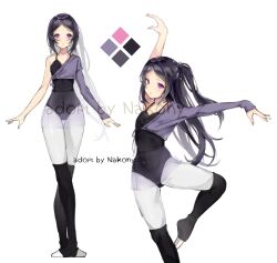  1girl asymmetrical_shirt ballerina black_hair breasts cameltoe cardigan color_guide color_swatch dancer dancing diamond_(shape) flat_chest gluteal_fold hair_up half_updo leg_warmers leggings leotard nakony original parted_bangs pointed_toes purple_eyes purple_sweater see-through see-through_skirt side_ponytail skinny skirt small_breasts standing standing_on_one_leg sweater thigh_gap updo watermark white_leggings 