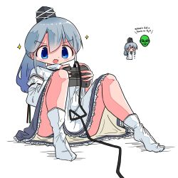  1girl angry_video_game_nerd atari atari_jaguar blue_eyes blue_hair chibi chibi_inset controller crying cybermorph dress excited game_console game_controller highres holding holding_controller holding_game_controller kasuya_baian mononobe_no_futo panties solo striped_clothes striped_panties touhou underwear white_background white_dress 
