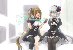  2girls :d assault_lily belt black_flower black_hairband black_pantyhose black_ribbon black_skirt blunt_bangs bow braid breasts chest_belt closed_mouth commentary feet_out_of_frame flower frilled_skirt frills gloves grey_belt grey_hair hair_ribbon hairband hand_on_lap hands_up heterochromia high-waist_skirt highres holographic_interface hood hood_down imai_seira indoors juliet_sleeves kou_no_hana leg_warmers long_hair long_sleeves looking_at_another looking_to_the_side low_ponytail medium_breasts miniskirt multiple_girls neck_ribbon open_mouth pantyhose partially_fingerless_gloves pleated_skirt ponytail puffy_sleeves purple_flower red_eyes red_flower red_gloves ribbon school_uniform shirt short_sleeves single_thighhigh sitting skirt smile thighhighs twin_braids twintails underbust urutsu_sahari very_long_hair white_background white_bow white_shirt yellow_eyes yurigaoka_girls_academy_school_uniform 
